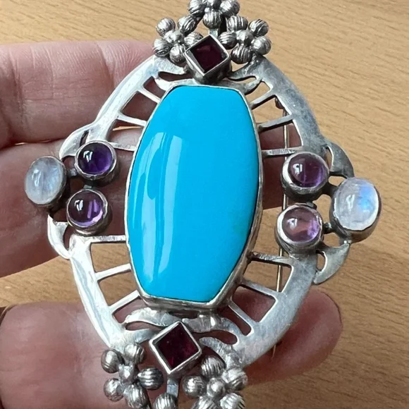 HUGE VINTAGE TURQUOISE AMETHYST GARNET MOONSTONE PENDANT PIN BROOCH 925STERLING